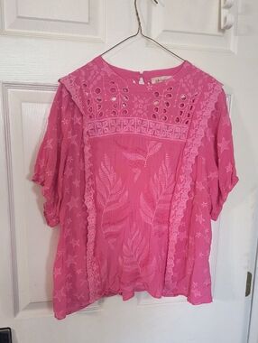 Philosophy Bright Pink Embroidered Lace-Trim Blouse